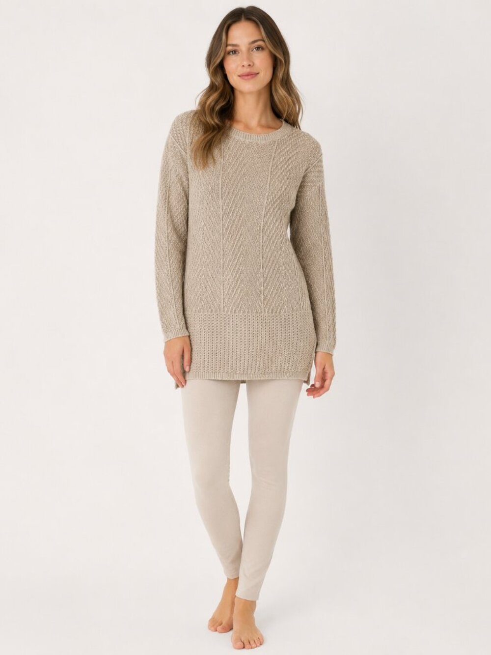 Eight Eight Eight Beige Cable Knit Sweater Size S 100% Cotton Long Sleeve Tunic